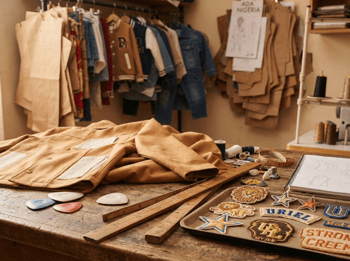 Styled by Uriel design workspace with warm camel fabrics and children's fashion moodboard