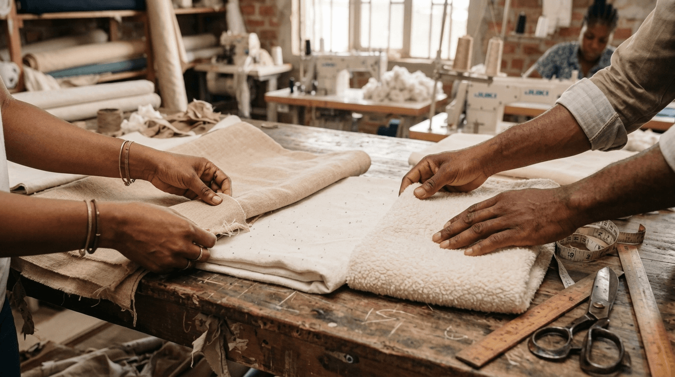 Hands examining warm beige and cream organic cotton fabrics on an artisan cutting bench