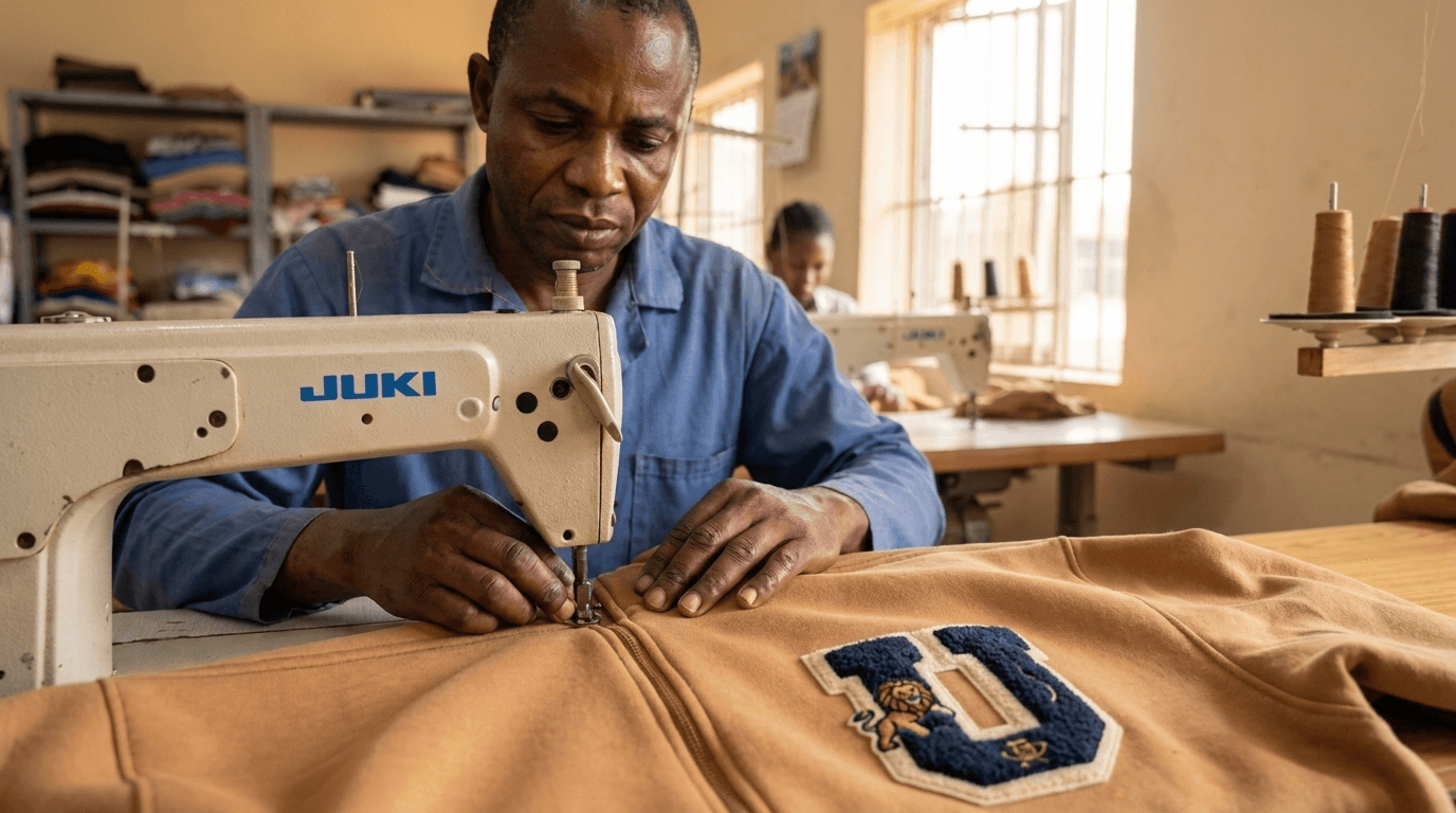 Garment worker precision stitching a kid's tracksuit with custom varsity patches