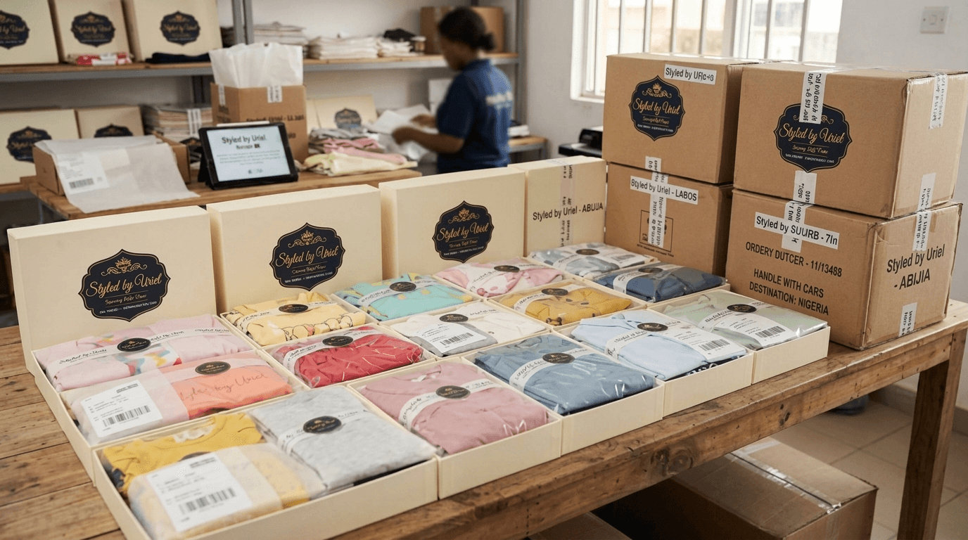 Neatly folded children's clothing parcels in branded packaging
